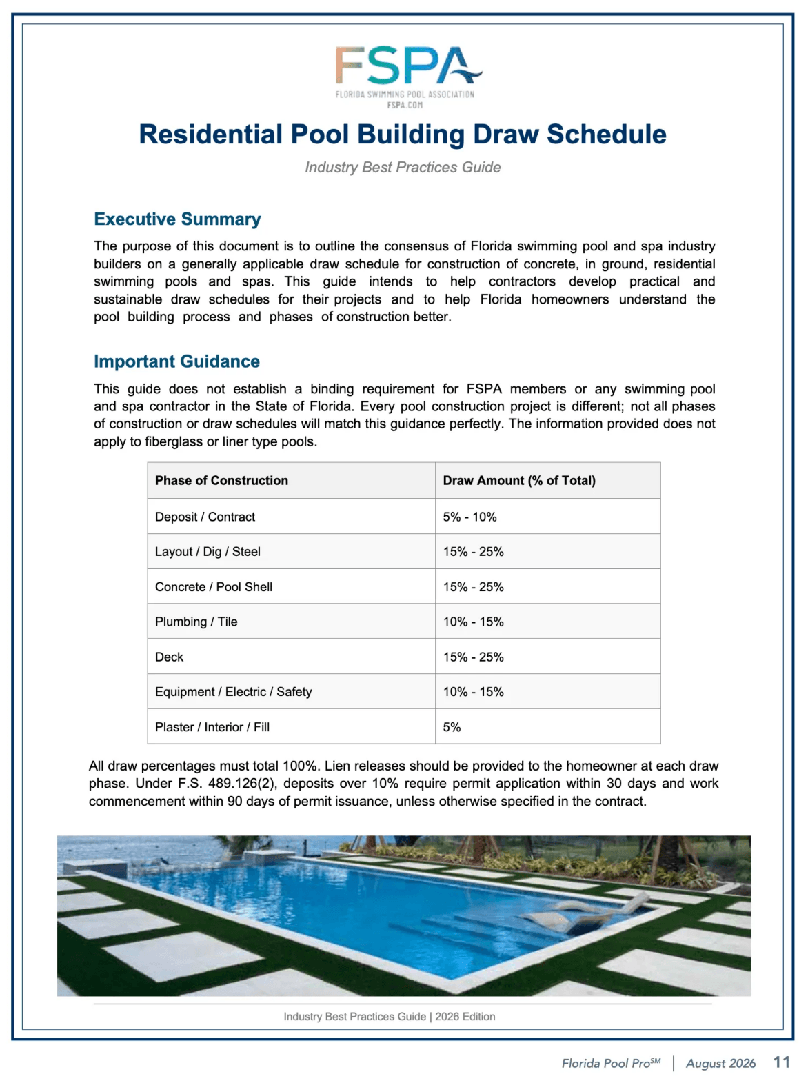 Florida Pool Pro publication showing residential pool building draw schedule guidance