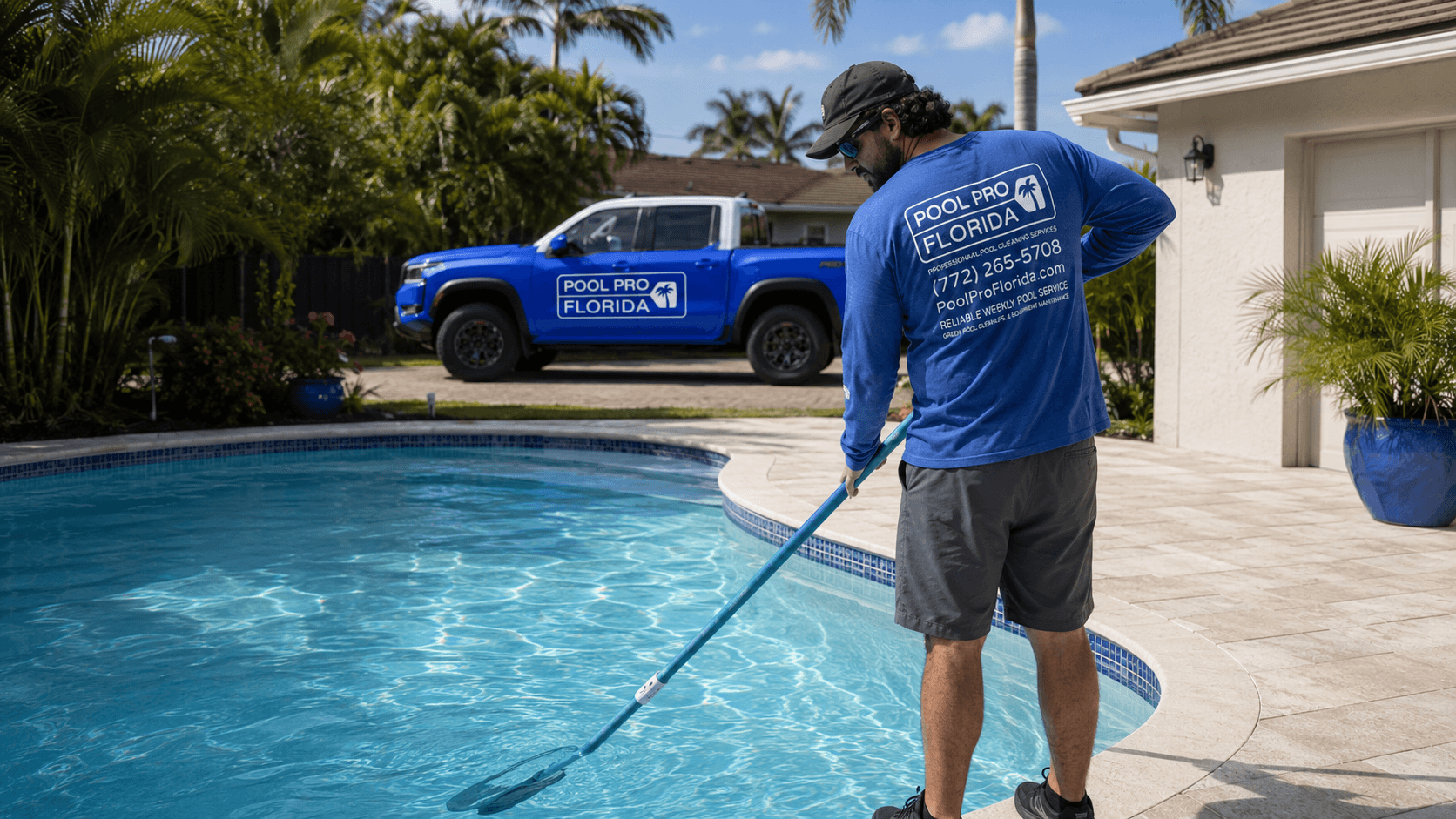 Pool service technician completing weekly maintenance at a residential swimming pool