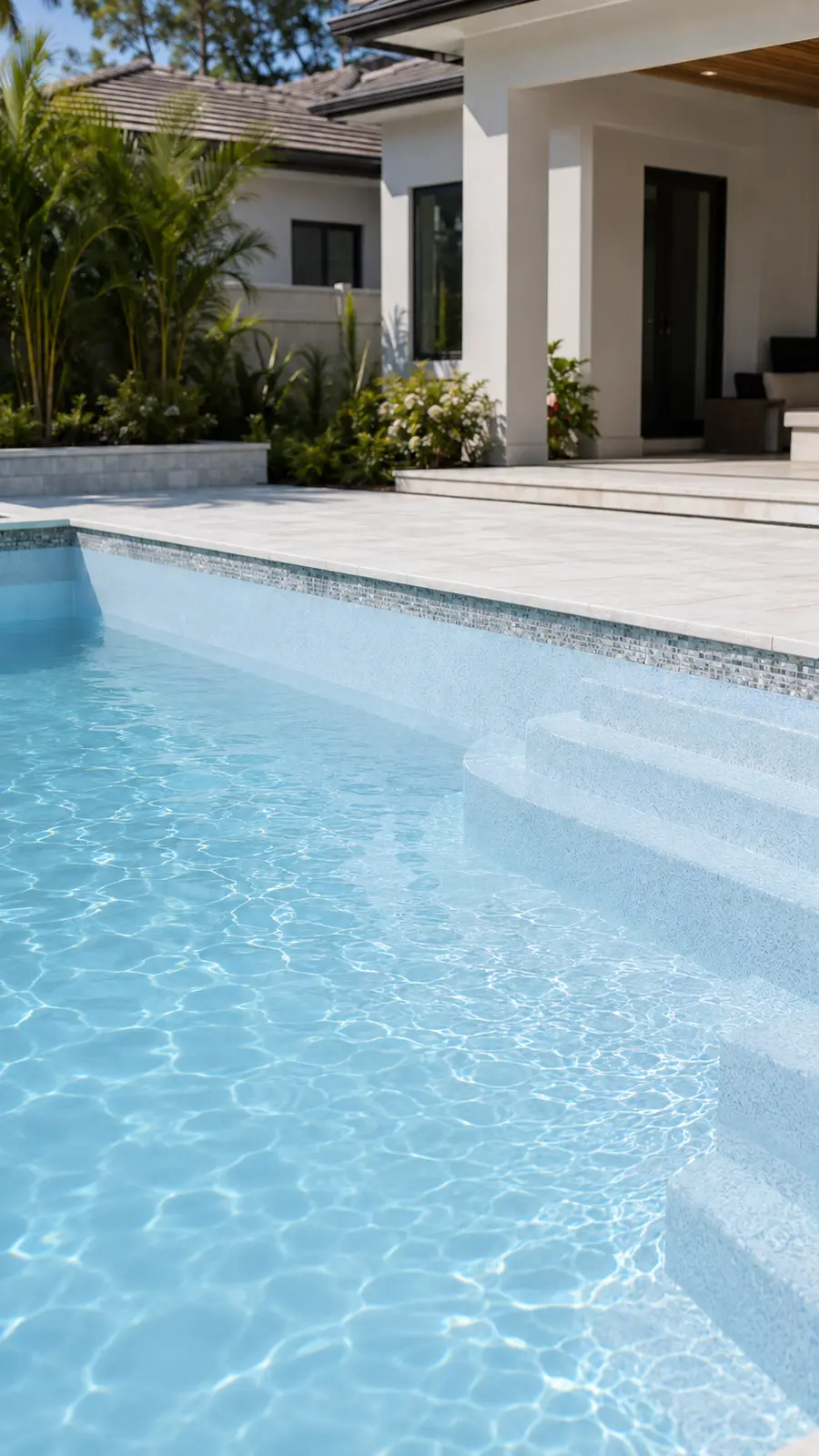 Pool technician vacuuming fine debris from a recently completed swimming pool