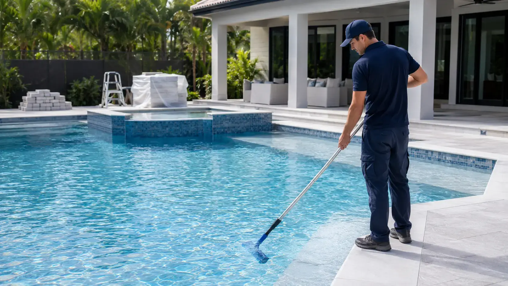 Pool technician brushing and testing a newly finished swimming pool